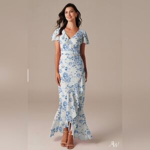 NWOT Blue and White Ruffled Wrap Maxi Dress for Wedding Guest